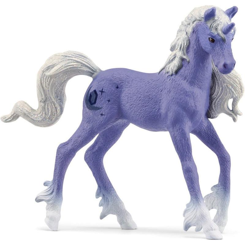 Image of the Unicorn Moonstone figurine. It is an indigo unicorn with silvery glittery mane and tail. It has a stone on a moon cutie mark. It hooves are white and they fade into the body's color.