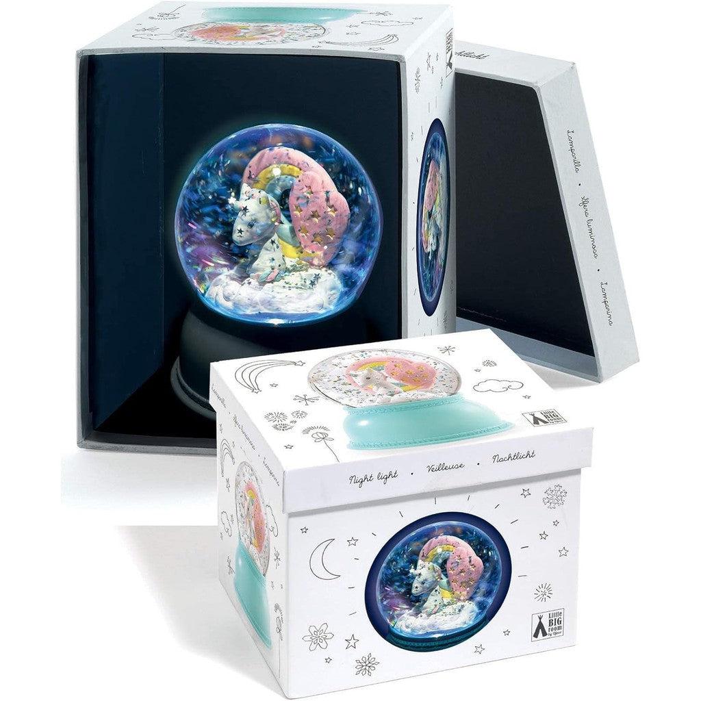 this image shows the globe in the box, the box is open and the unicorn is lit up