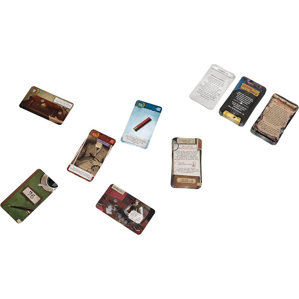 Up close view of some of the game cards. Many of them have pictures or lots of text.