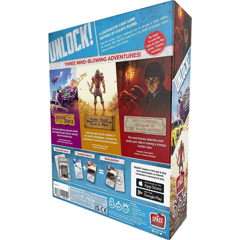 Image of the back of the box. It shows that it includes three mind-blowing adventures; Action Story, Robin Hood, and Sherlock Holmes.