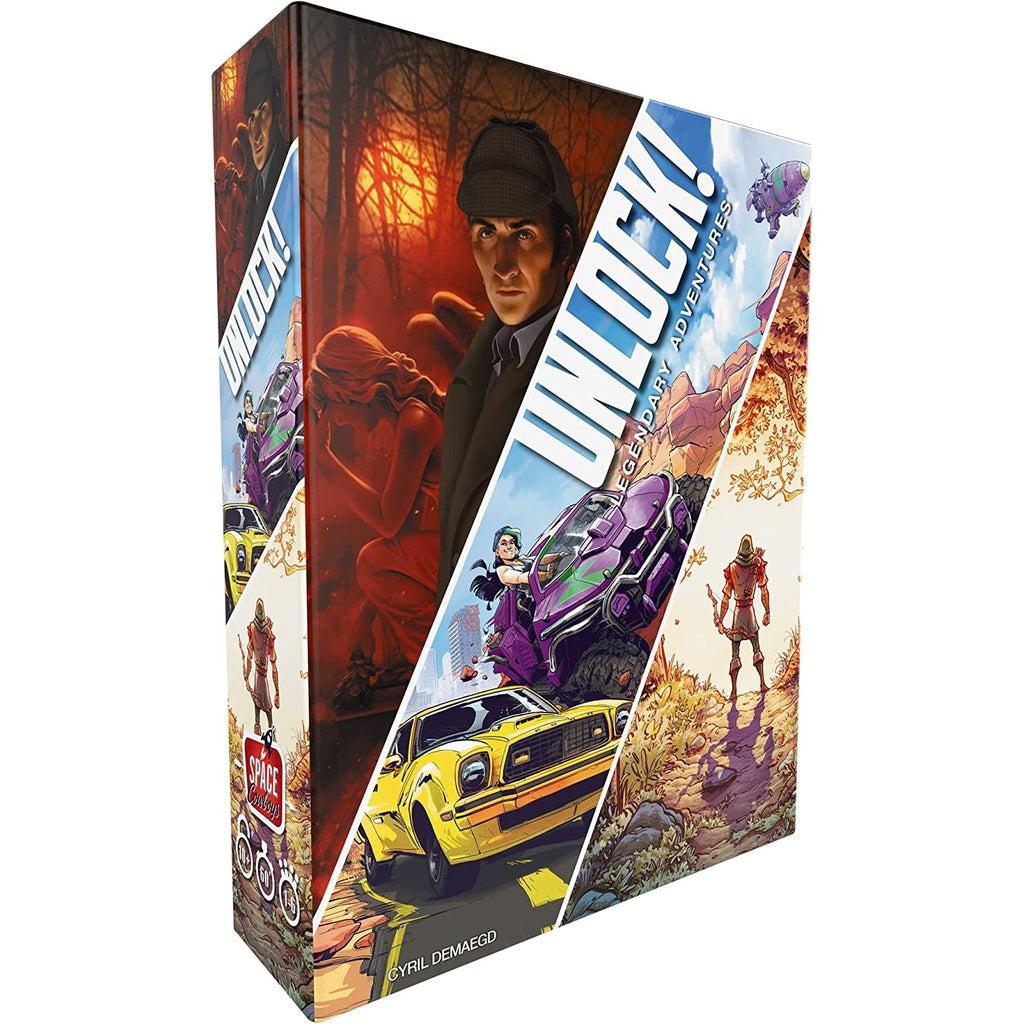 Image of the box for the game Unlock! Legendary Adventures. On the front are pictures of different action-packed scenes from car crashes to knight battles and explosions.