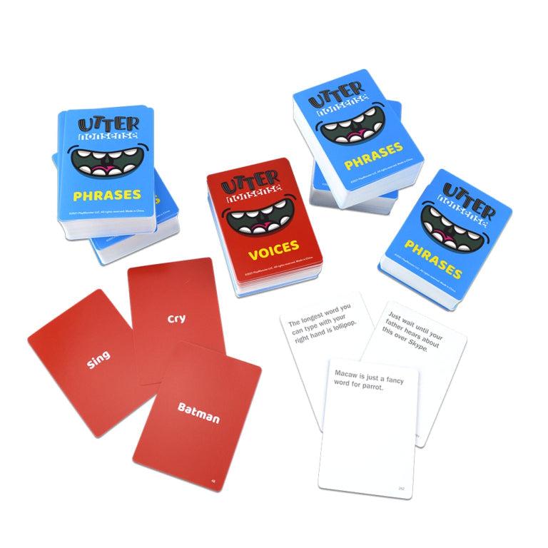 Image of the included game cards. It comes with red and blue phrases and voices cards.