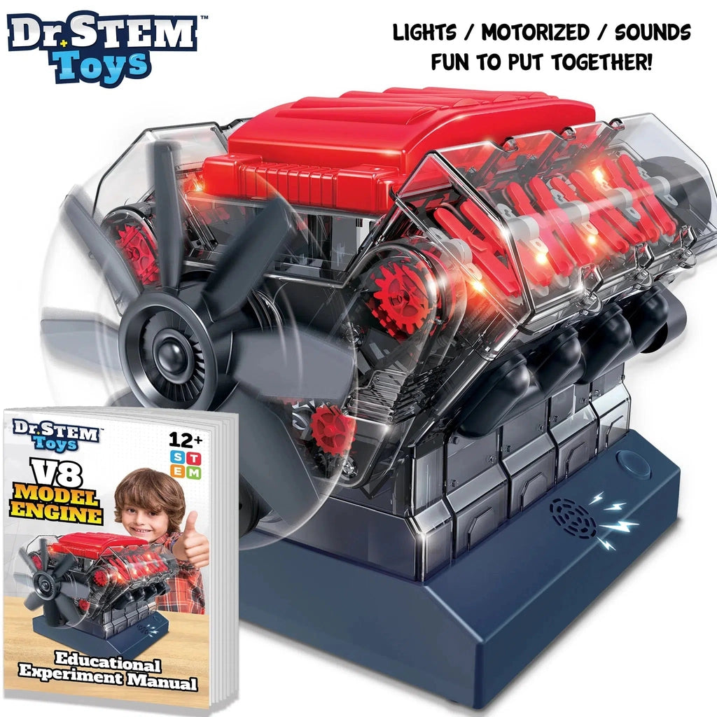 Image of toy | Model engine is composed of red, black, blue and clear plastic pieces. Image shows that rotor on engine rotates, and speaker shows that model makes sounds. | Instruction manual shown has same image on cover as packaging.