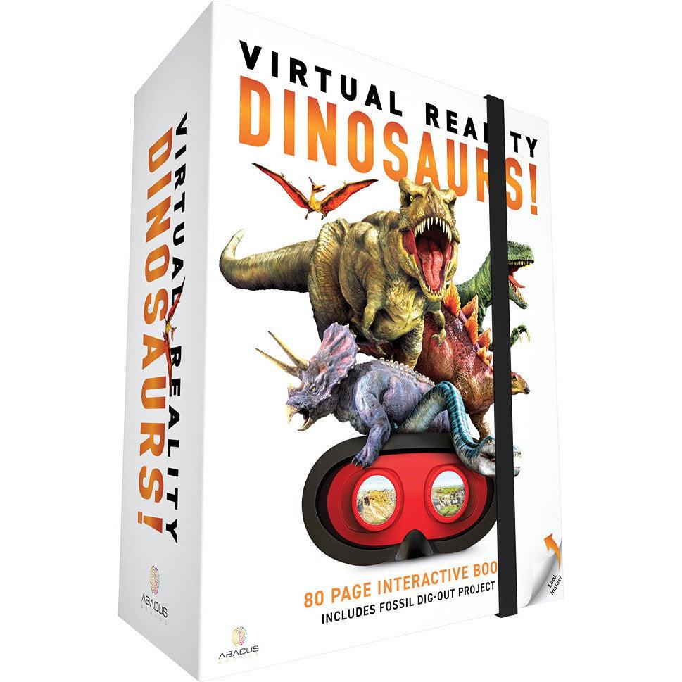 The image shows virtual reality dinosaurs.  for an 80 page interactive book that works with virtual reality ro interact and learn about dinosaurs