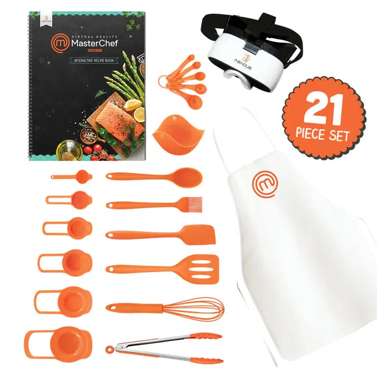 this image shows the vr set, apron, cookbok, measuring cups, spoons, and cooking utensils usied!