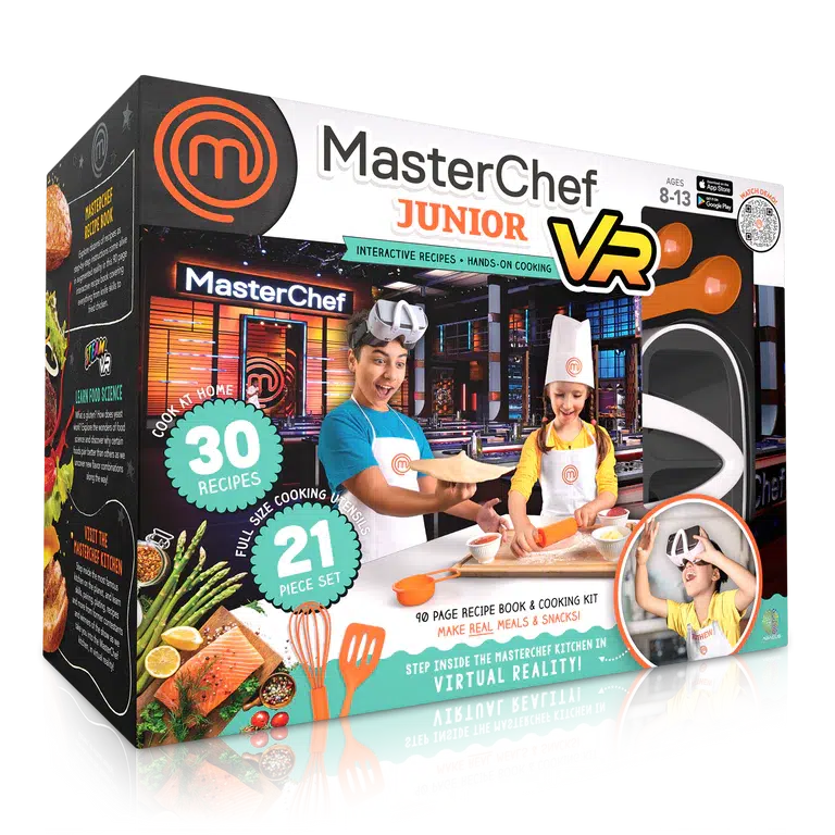 this image shows the box for the master chef jr vr. there are two kids learning how to cook with vr
