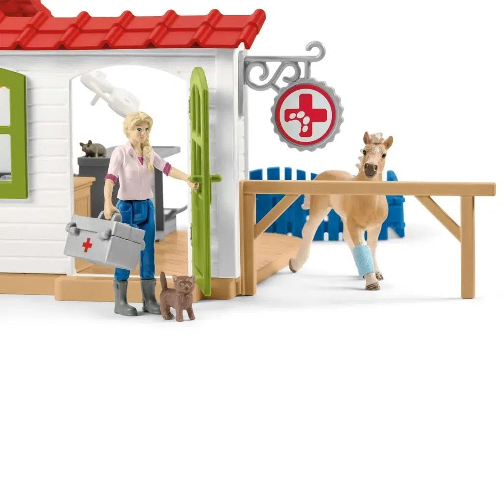 Image of the play set outside of the packaging. It comes with a clinic, a vet, various animals, and first aid supplies.