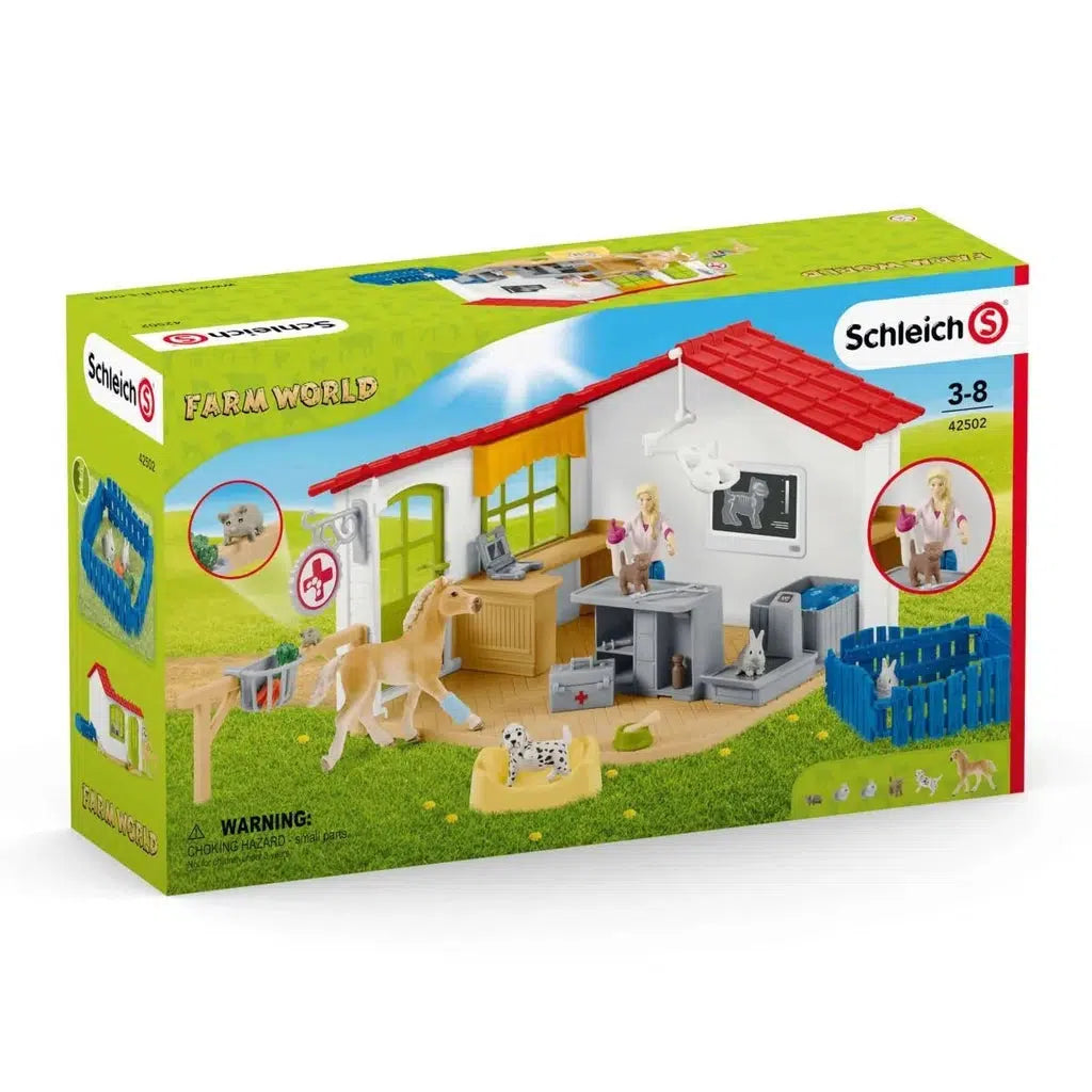 Image of the packaging for the Vet Practice with Pets play set. On the front is a picture of all the included play pieces in the set.