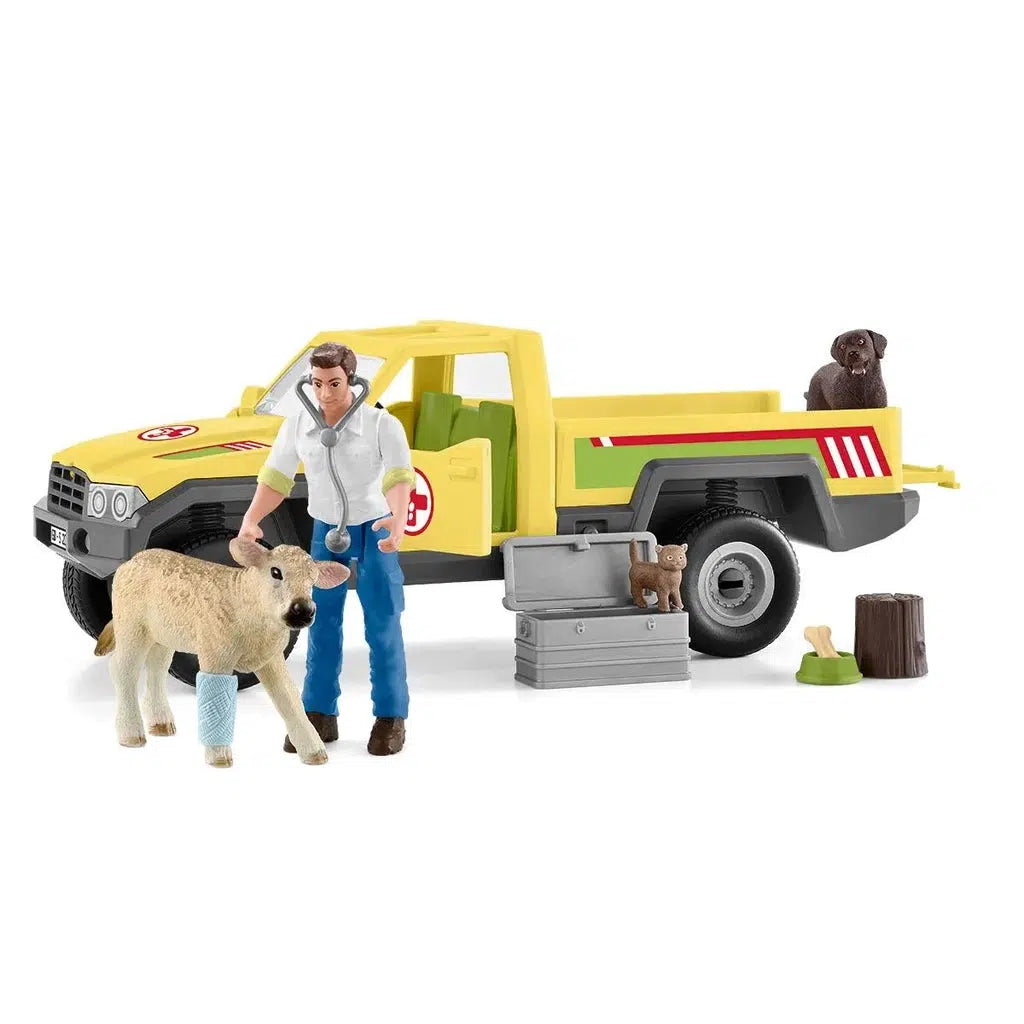 Image of the play set outside of the packaging. It comes with a truck, a veterinarian, a young cow, a dog, a kitten, and various medical supplies.