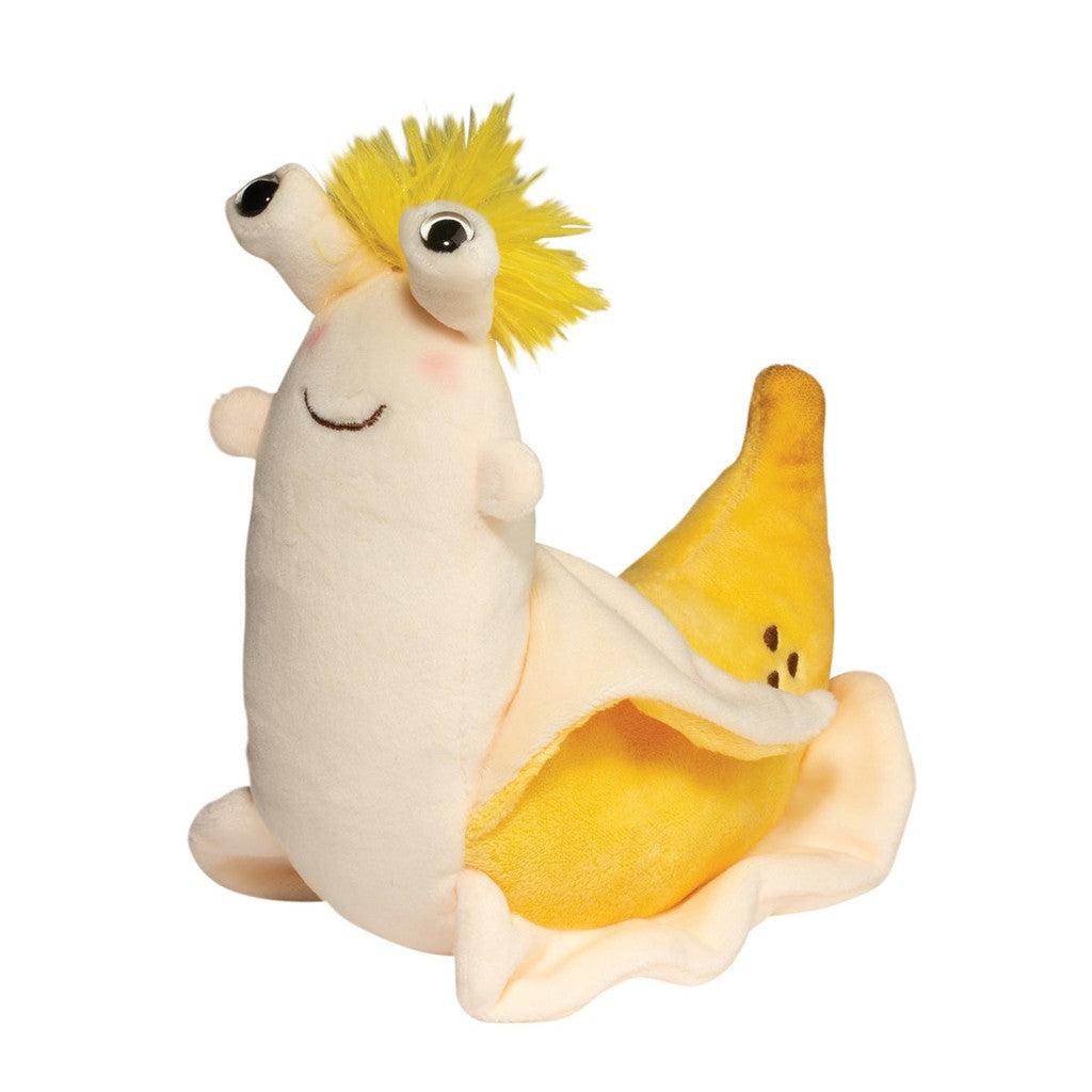 this image shows a small plush stuffed animal of a snail, that turns into a banana. its like a mermaid, but instead of human and fish, its snail and banana.