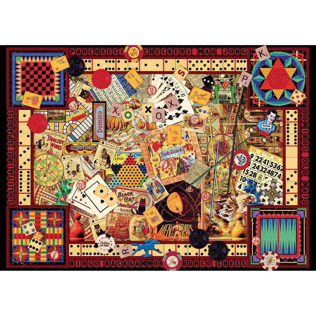 Image of the finished puzzle. It is a picture of a busy board game board with many different game pieces from different games overlaping each other everywhere.