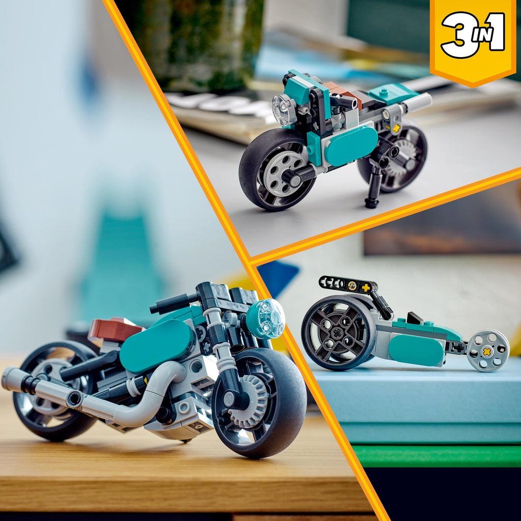 Three image of each of the three different motorcycle designs you can make with this LEGO set. Each bike is black, silver, and turquoise colored.