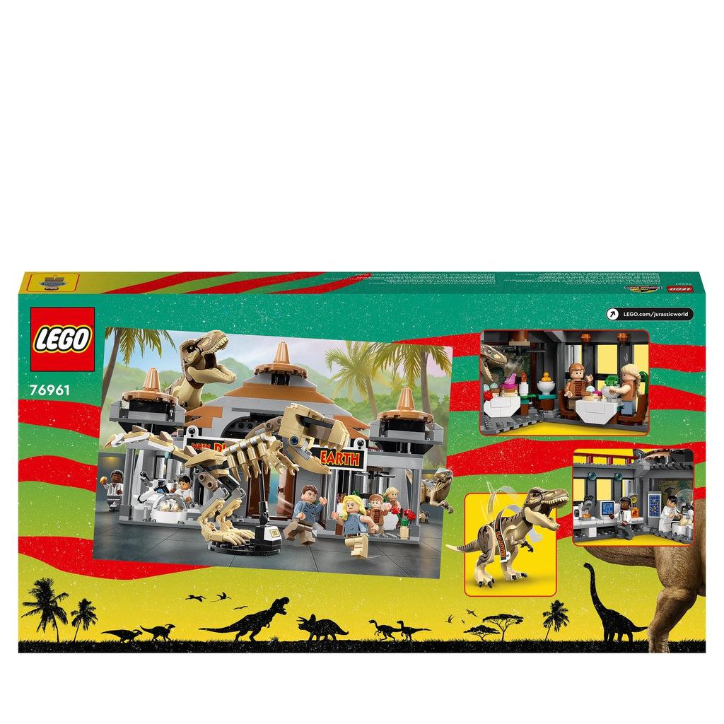 the back of the box shows guests running the the t.rex in the visitor center