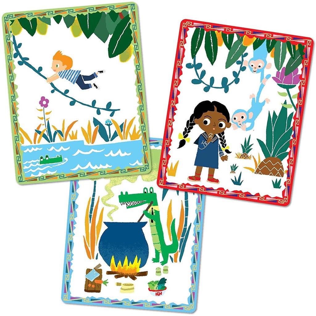 this image shows some of the cards used, a monkey taking to the girl, the boy swinging across a rover and an aligator making some soup
