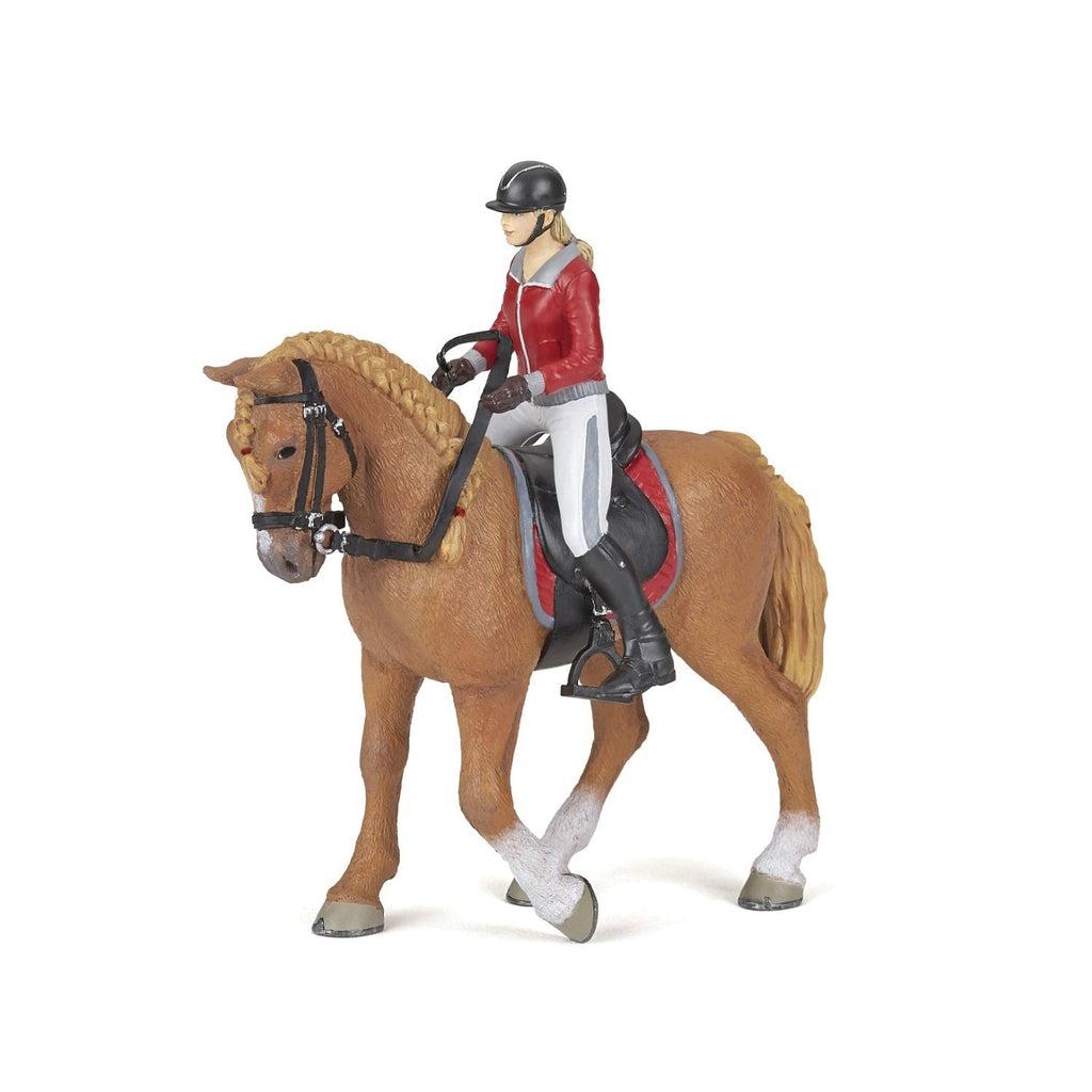 Image of the Walking Horse with Horsewoman. It is a brown horse with a red saddle. The rider is wearing a matching jacket with the horse and is wearing black boots and helmet.