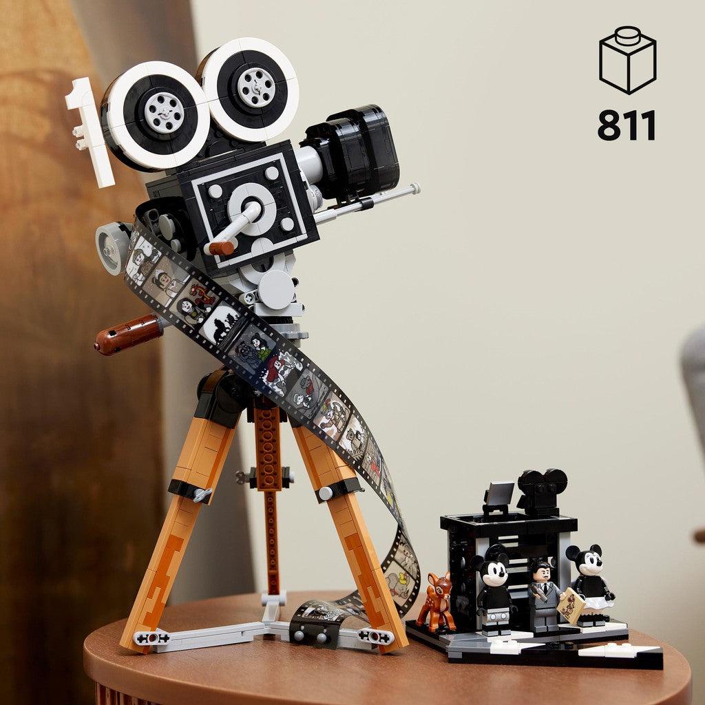 there are 811 pieces to this camera that is a tribute to Walt Disney, and a small figures of a black and white Mickey Mouse when Walt Disney Drew them. 