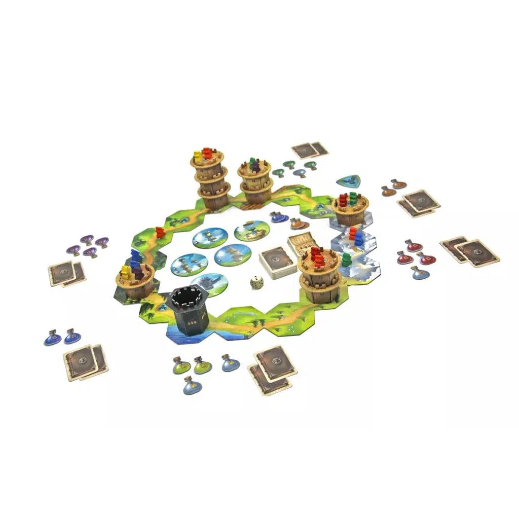 this image shows the board for wandering towers. there are cards and dice, around a ring shaped board that towers can move on. every player also has potion bottle tokens