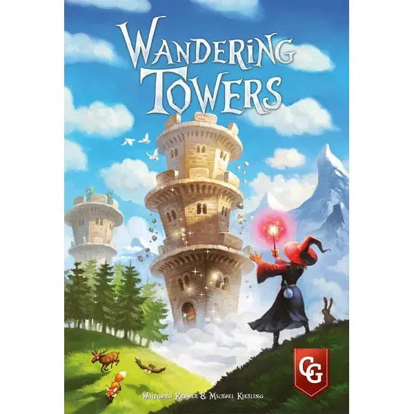 this image shows the box for wandering towers. the image shows a wizard using magic to levitate a tower and move it over a grassy field