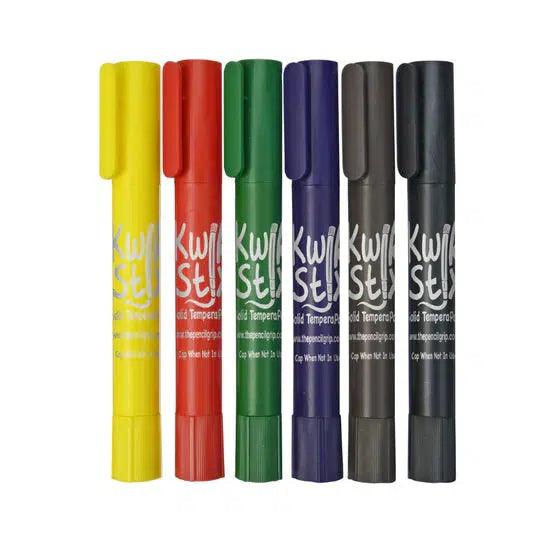 Shows all the colors of markers outside of the packaging. The colors include yellow, red, green, blue, grey, and black.