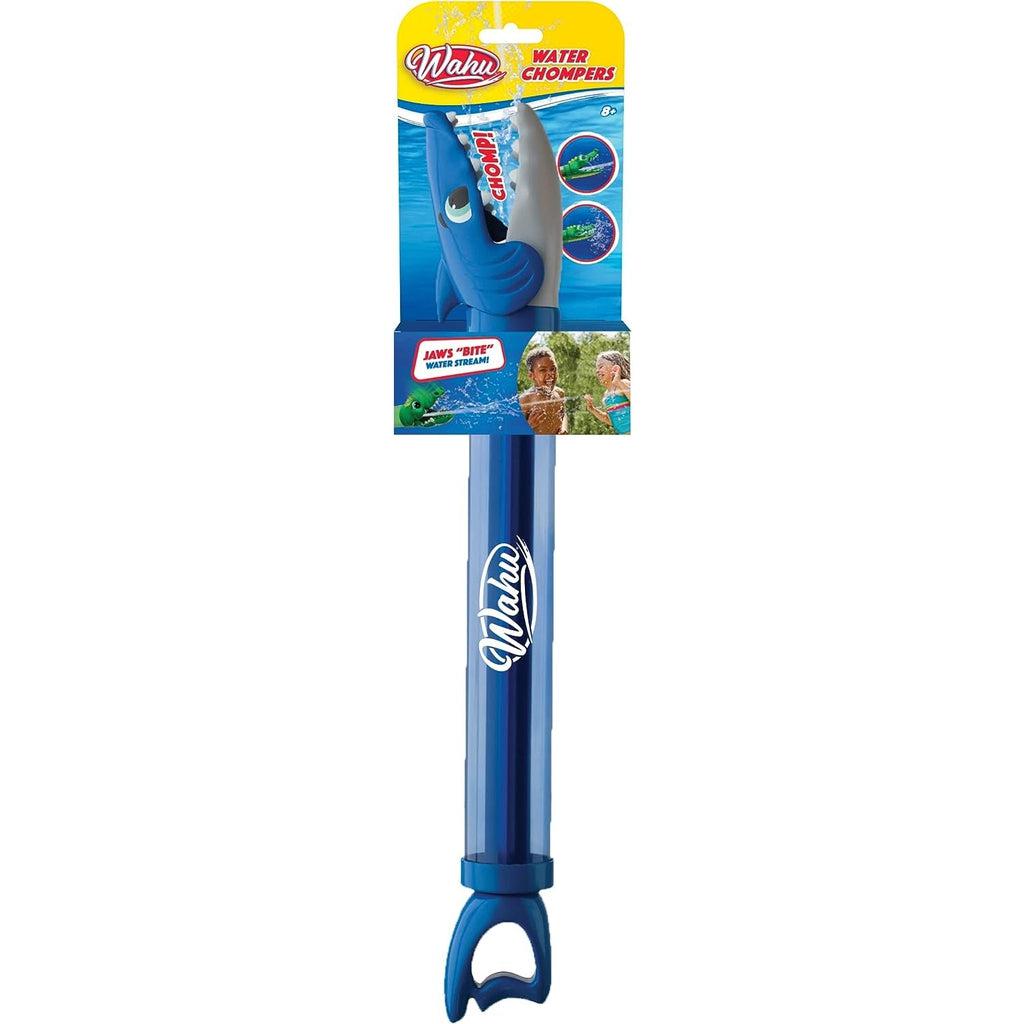 water chomper shown in a blue plunger tube for spraying out water, the end is a cartoonish shark head with a happy expression and a hinged mouth, handle is styled like a shark tail