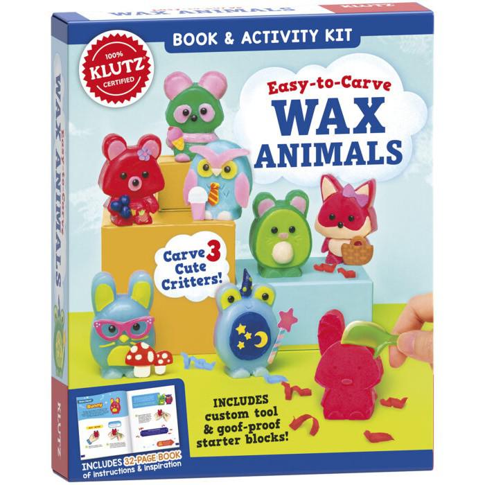 this image shows wax animals that are easy to carve. inside is a custom tool and goof proof starter blocks. the package shows 8 animals on the front you can carve!