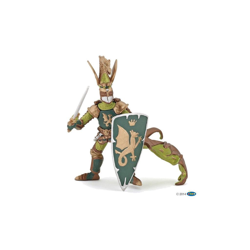 Image of the Weapon Master Dragon figurine. He is wearing armor and is carrying a sword and a shield that matches his armor. The armor is lime green with a darker green and gold patterned fabric. He is wearing an elaborate helmet with spires that protrude from the top of his head.