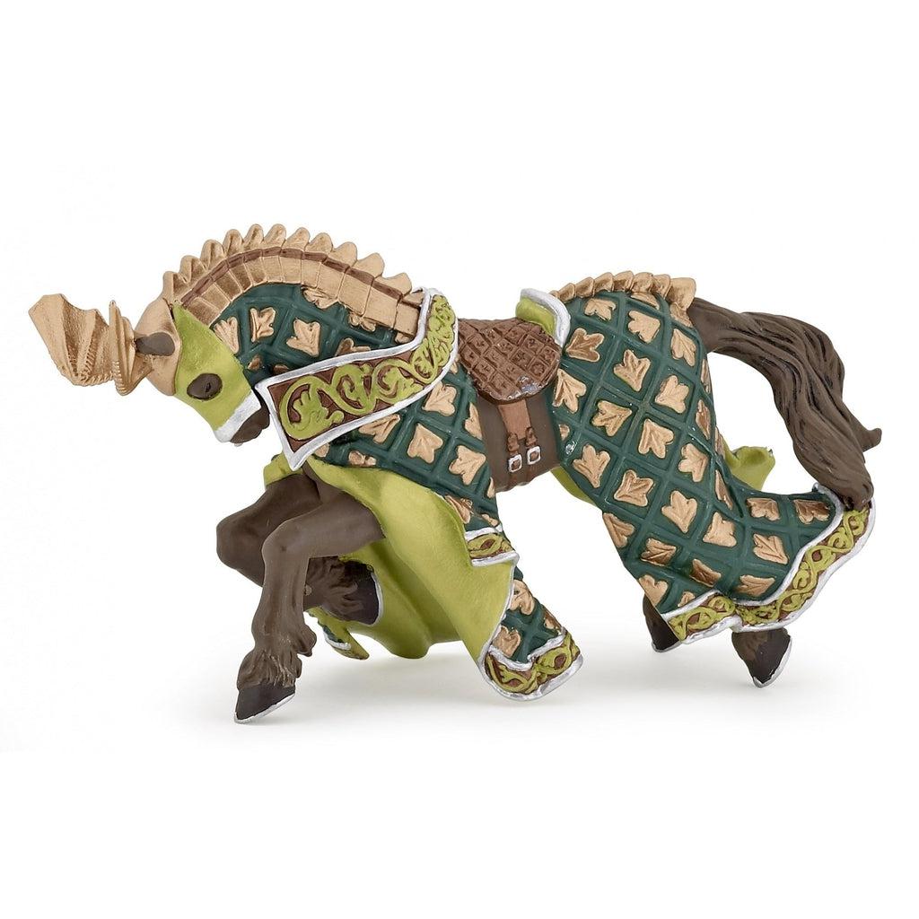 Image of the Weapon Master Dragon Horse figurine. It is a brown horse with elaborate armor that matches its rider (not included). The armor is lime green with a darker green and gold patterned fabric. The horse is in a bowing position.