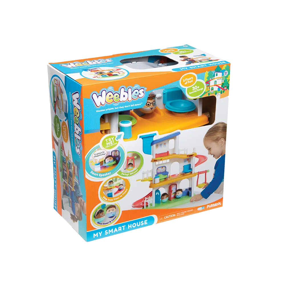 This image shows teh weebles smart house box. its a toy modern looking house, but the floors are connected with colorful slides for fun