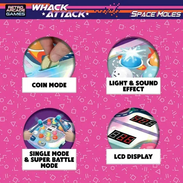there are 3 modes, coin mode, single mode, and super battle mode. there are also lights, sounds, and an lcd display