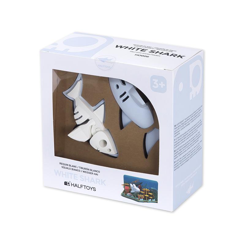Image of the packaging for the White Shark and Ocean Reef Scene figurine toy. Part of the front is made from clear plastic so you can see the toy inside.