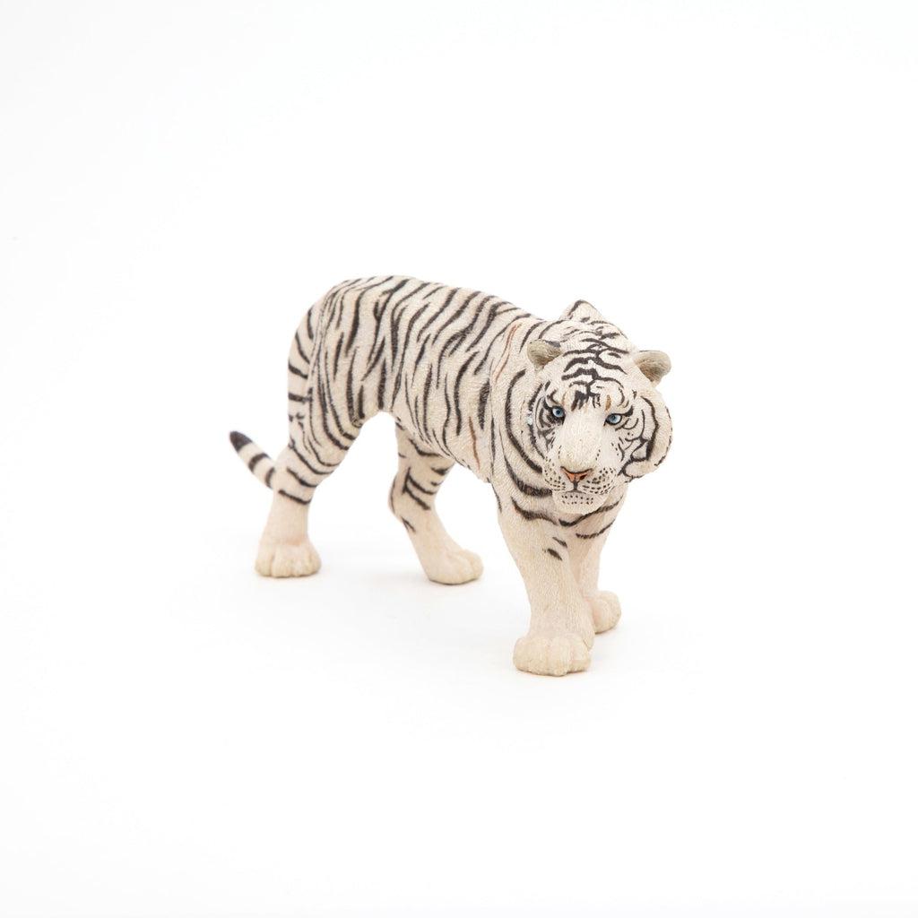 Image of the White Tiger figurine. It is a white tiger with black stripes. It is in a stealthy position.