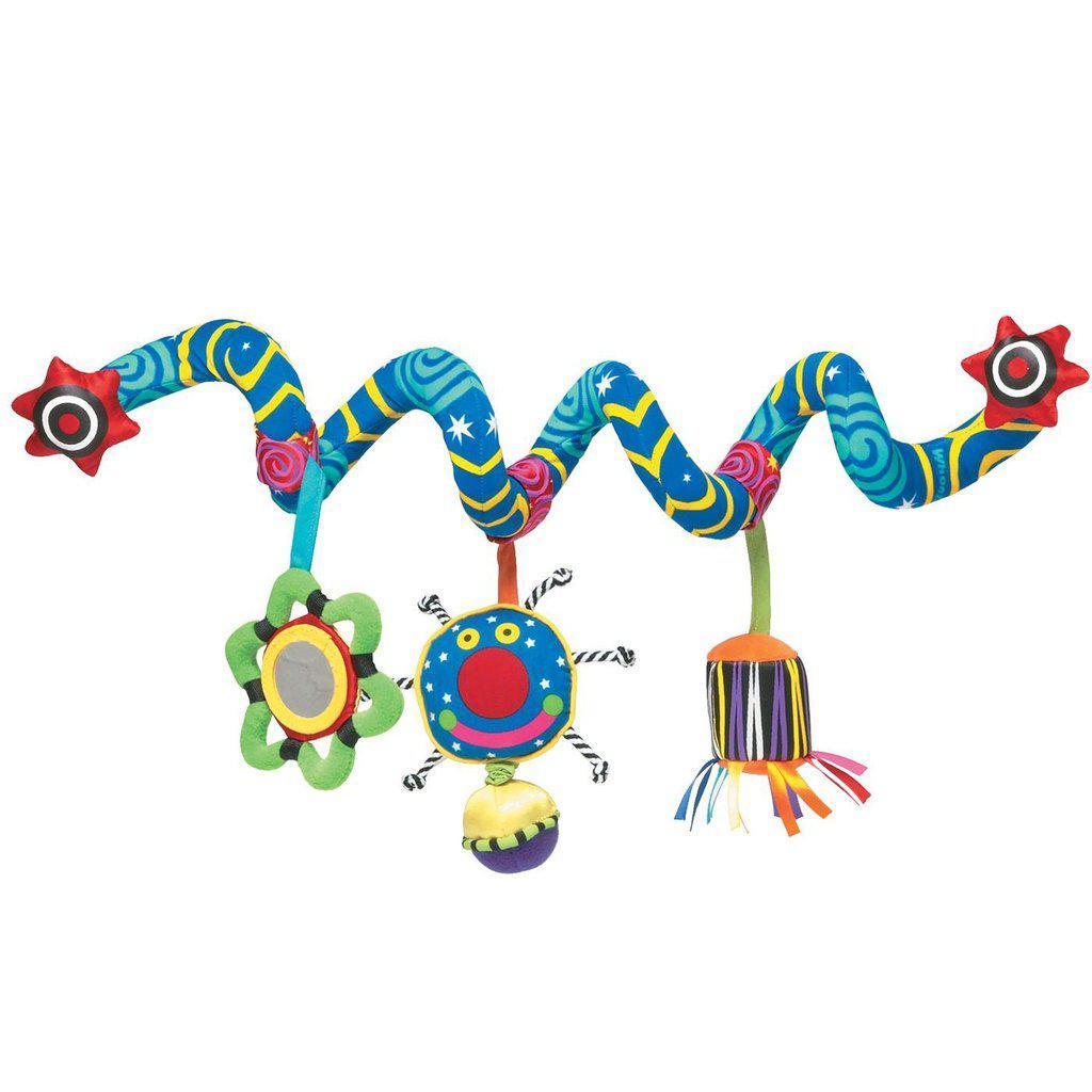 Image of the toy outside of the packaging. The spiral snake toy is a patterned blue that can extend while still keeping its shape. There are three hanging soft charms on the spiral. One is a green star with a shiny front, the Whoozit face with a bell connected, and a soft squishy ball with colorful ribbons hanging from the bottom.
