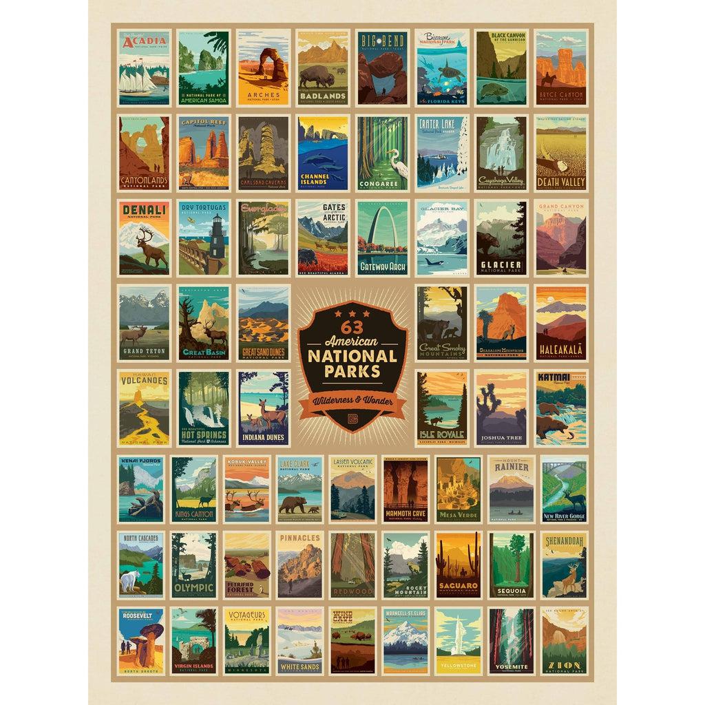 Image of the finished puzzle. It is a collection of many (63) different state park posters. Each one has a picture representing the national parks and their name is located on there too.