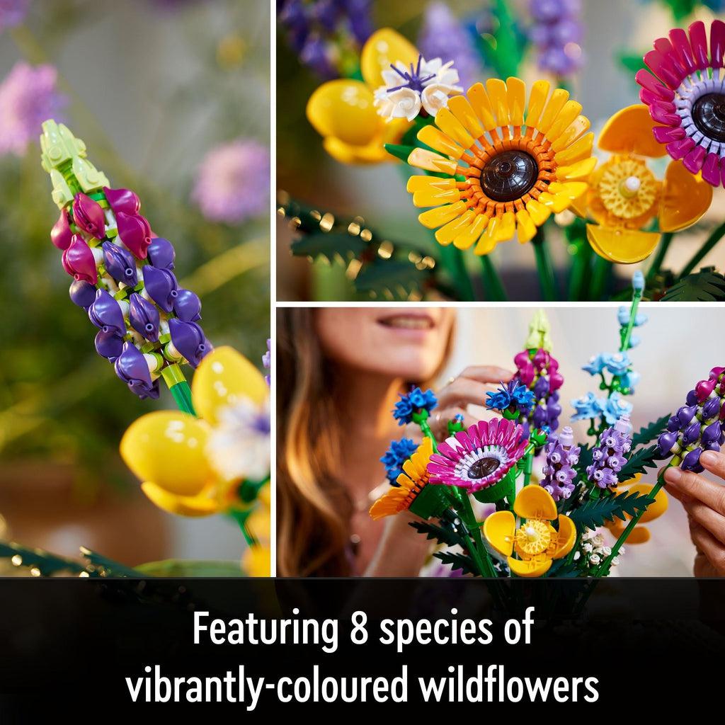 Close up images of certain flowers in the bouquet. Caption: Featuring 8 species of vibrantly-coloured wildflowers