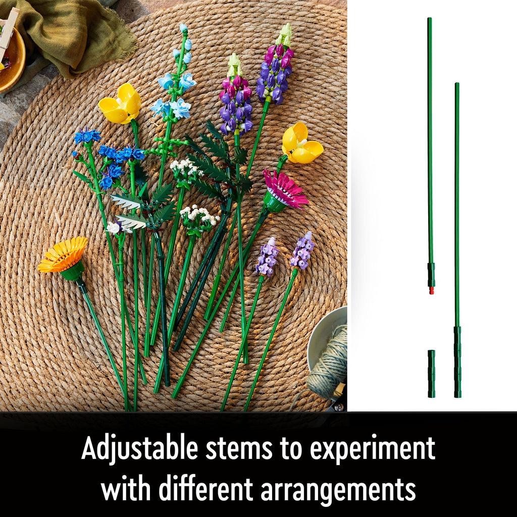 Image of a pile of the individual LEGO wildflowers with a descriptive picture of the flower stems. Caption: Adjustable stems to experiment with different arrangements