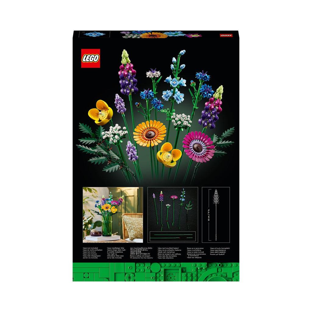 Image of the back of the box. It shows a picture of each completed LEGO flower and a graphic on how to extend the length of the flower stems.