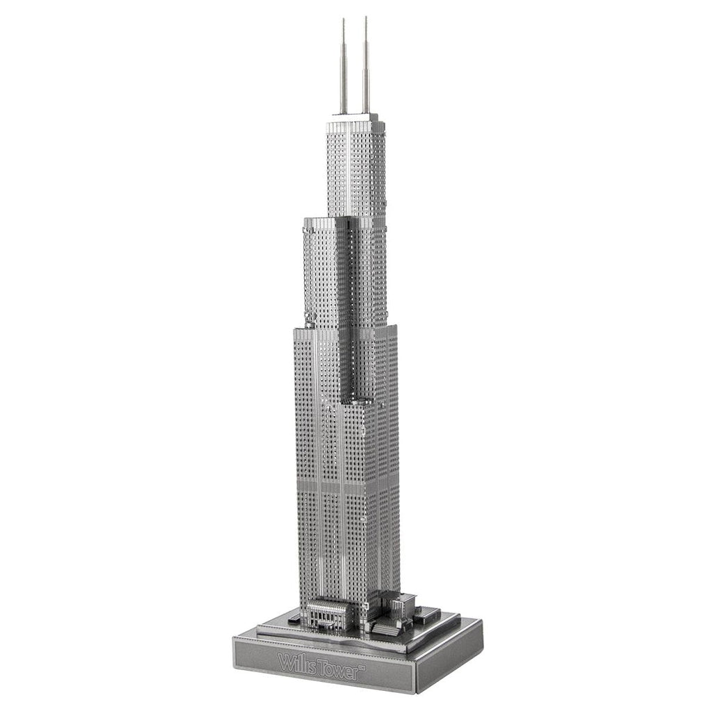Image of the Willis Tower model. It is a metallic silver with many hole details for the windows on the building. On the front of the metal stand is the text "Willis Tower"