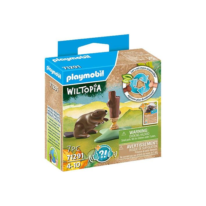 This picture shows the box that the Wiltopia beaver comes in, with a recyle sign reading let's act more responsibly. The beaver is gnawing his teeth on a log.  