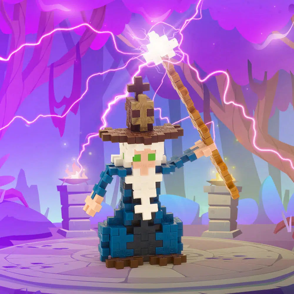 this image shows the wizard in  a magic background, as he uses his mighty staff to summon lightning