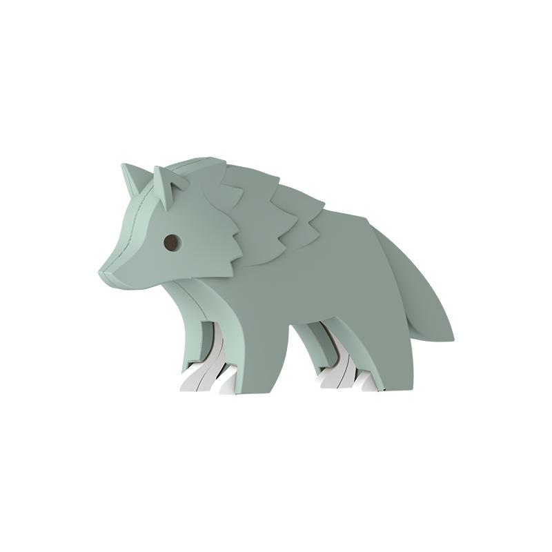 Image of the Wolf figurine. It is a green-grey wolf with some fur shaped additions on its neck and back.