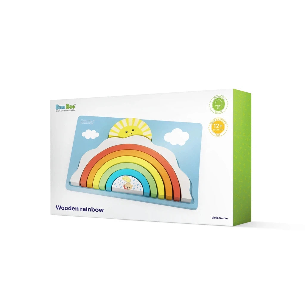 Packaged high-quality wooden rainbow toy with colorful arches displayed on the box, designed by Bimi Boo for toddlers.
