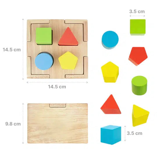 the box is 14.5 cm square. the blocks are 3.5 cm thick