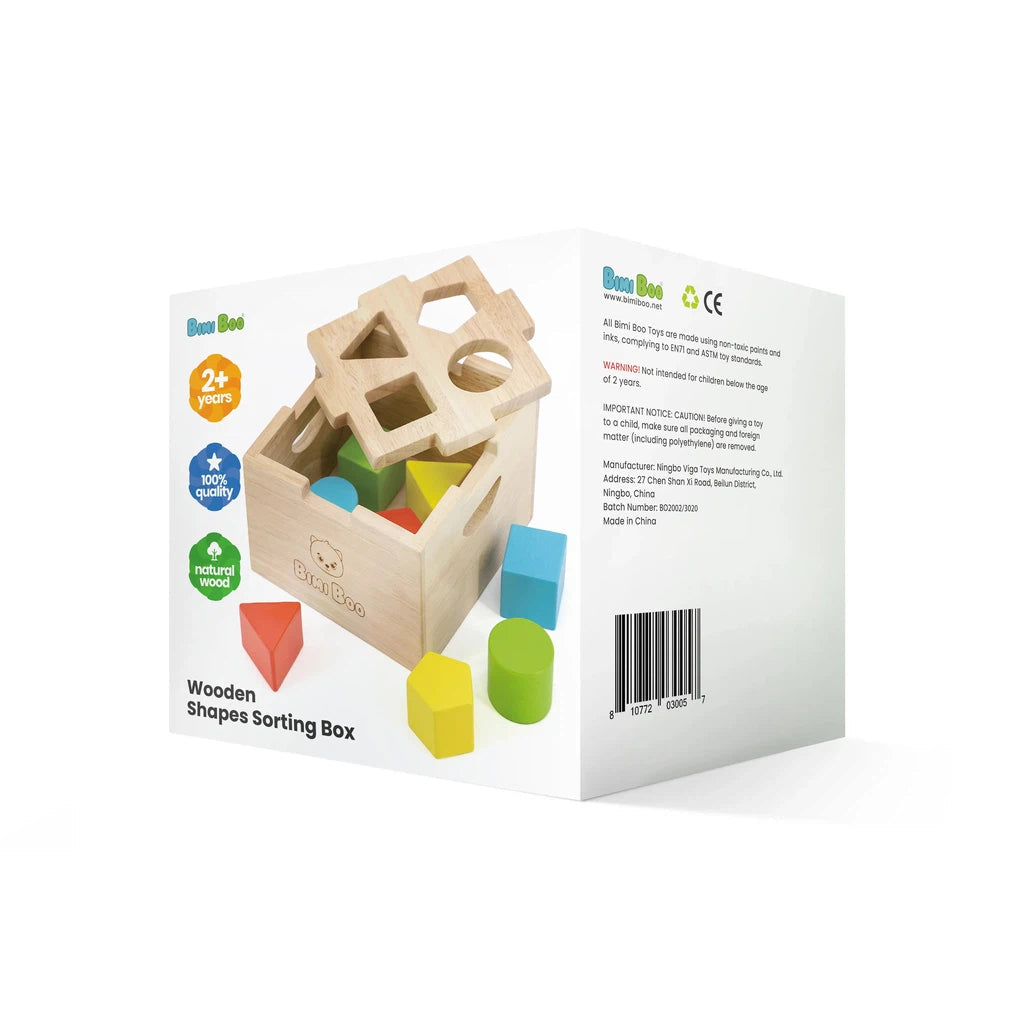 Wooden Shape Sorting Box by Bimi Boo with colorful blocks displayed next to its packaging, featuring safe paints.