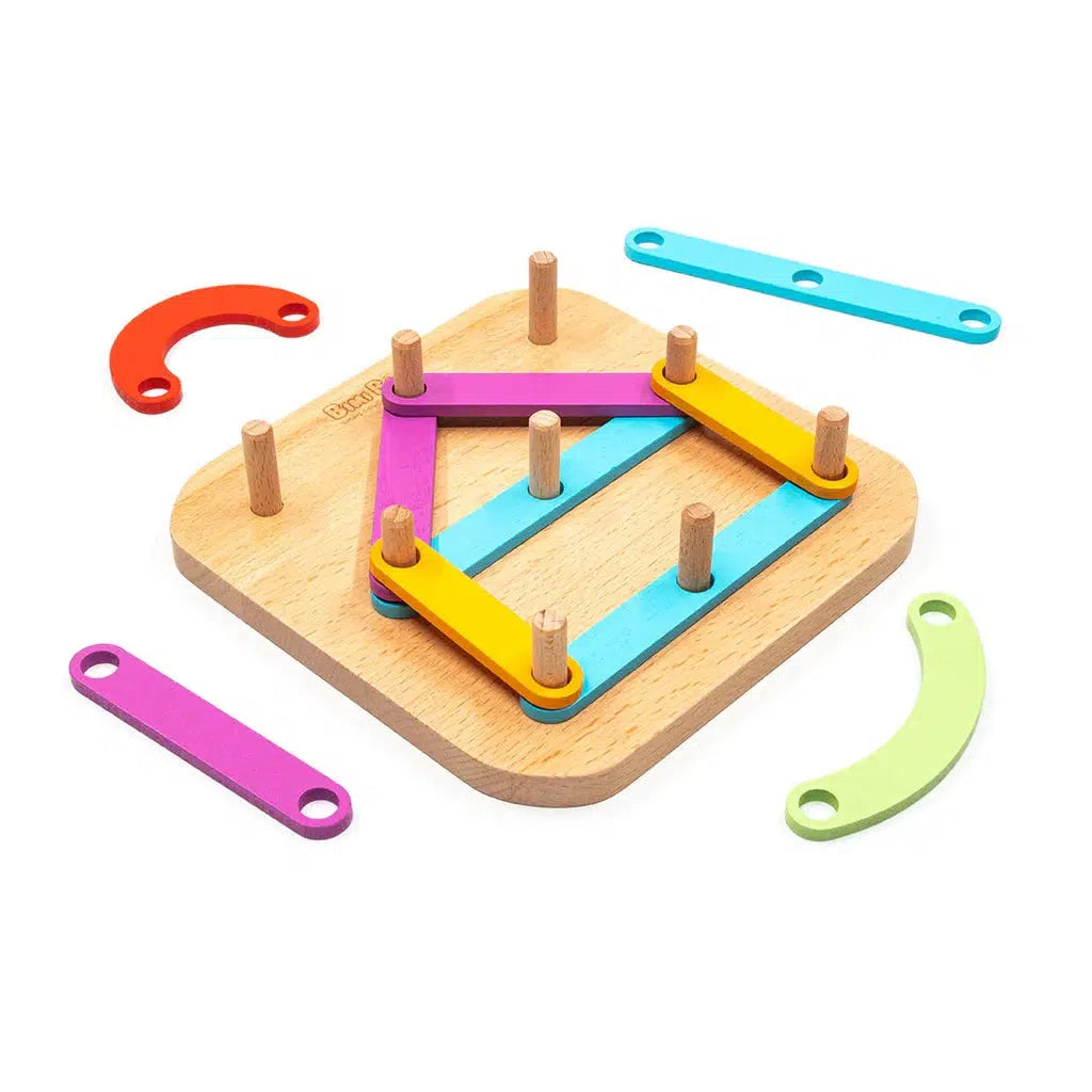 the blocks are thin wooden sticks that have hols to be placed in the peg board the sticks made a house in the image