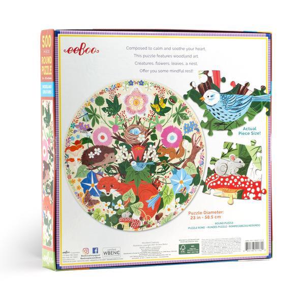 picture shows the back of the box for the puxxle, showing a close up of a blue jay and a mouse on a mushroom as puzzle pieces. 