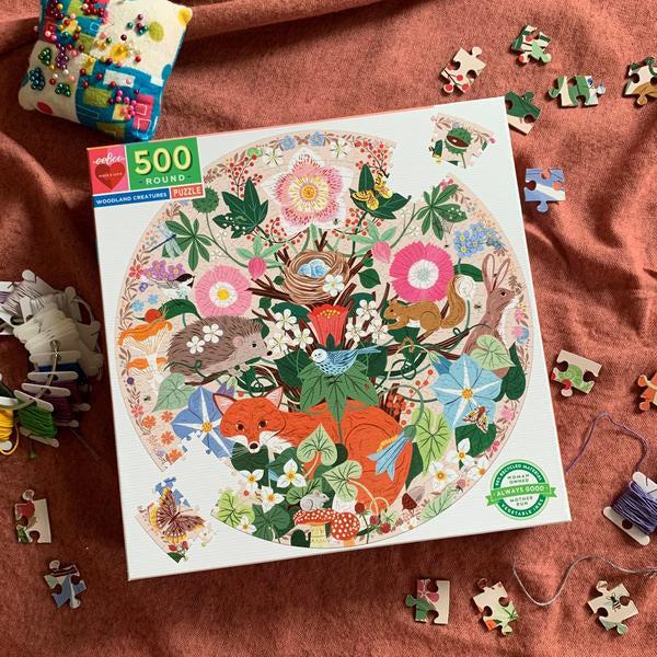 image shows the puzzle scattered around the box on top of a rug
