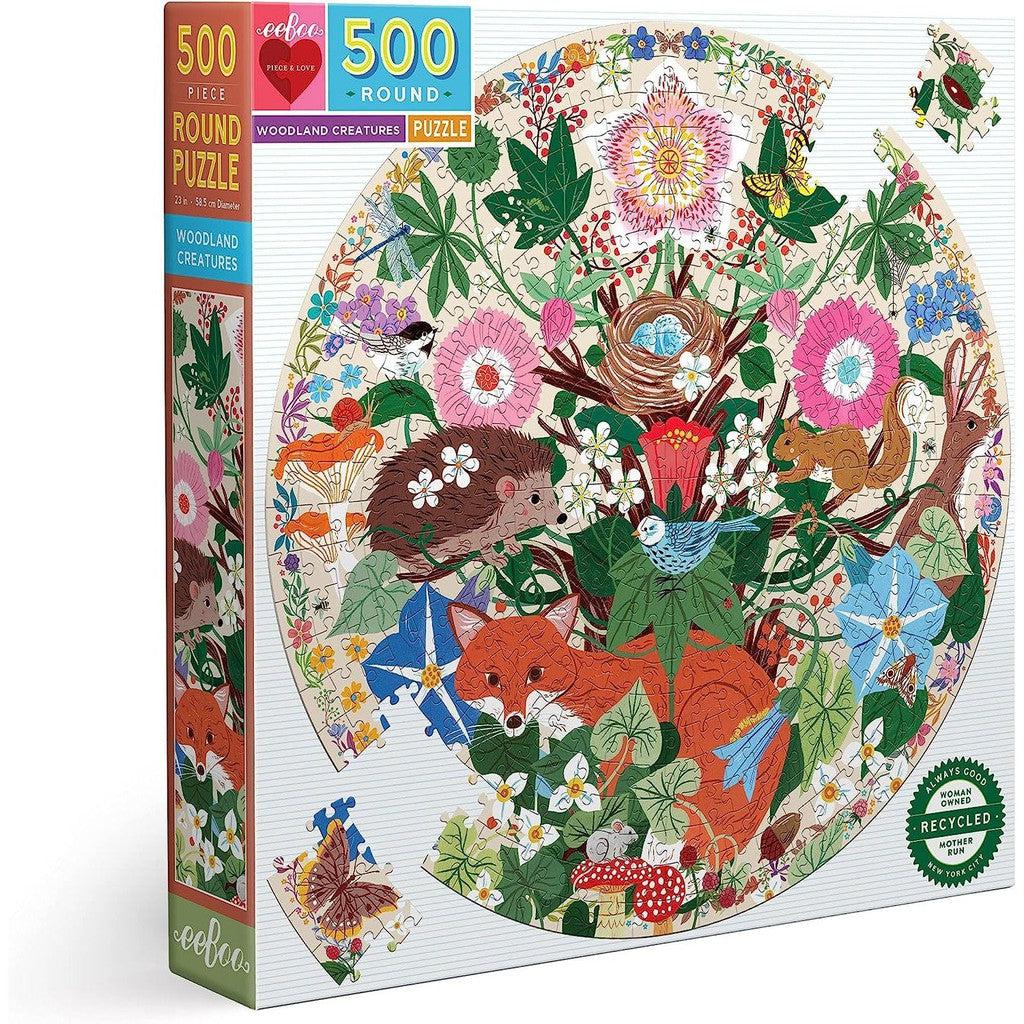 image shows woodland creatures in a round puzzle piece, colorful flowers and animals adorn the cover of the box
