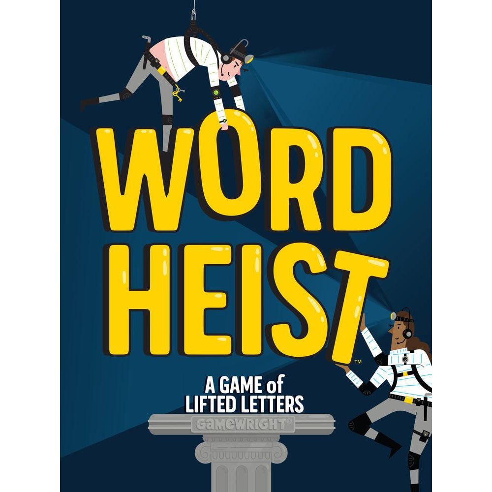 Image of the front of the box for the game Word Heist. On the front is an illustration of two people wearing spy gear trying to steal the title.