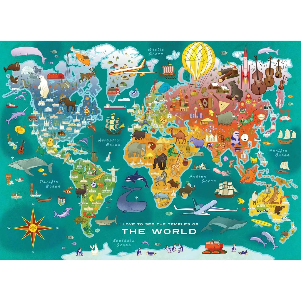 The puzzle is an illustration of a world map. On it are 84 cartoonish depictions of the LDS temples as well as many different animals, objects, landmarks, and foods that playfully depict each region.