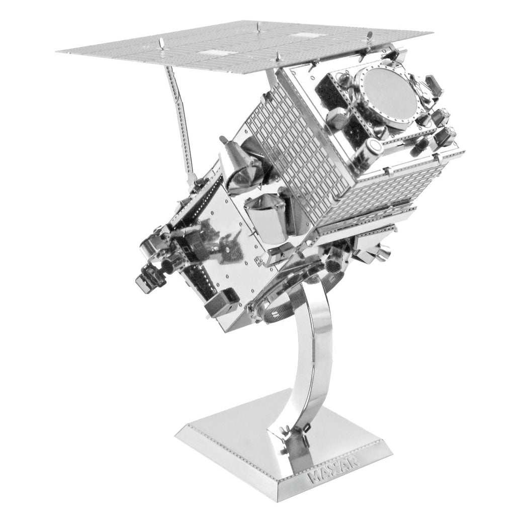 Image of the Worldview Legion model. It is a metallic silver with a stand that keeps the model at a 45 degree angle.
